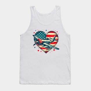 Retro july 4th Fighter Jet Airplane, American Flag Heart, Freedom Tank Top